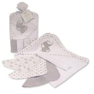 Baby Unisex Elephant & Stars Hooded Towel & 4 Wash Cloths Set Grey Shower Gift - Picture 1 of 4