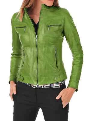 Chaqueta Hecha a Mano Para Mujer Piel de Cordero Genuina Motociclista Suave Verde Cuero de Moda Foto 1 de 4