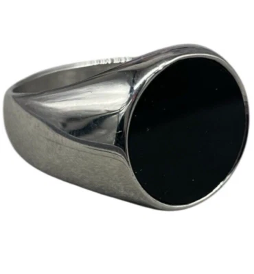 ANELLO UOMO MISURA 27 ITALIANA PIETRA NERA ROTONDA GRANDE IN ACCIAIO INOX LISCIA - Immagine 1 di 4