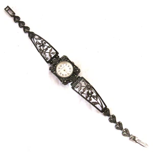 Bracciale Vintage Antico Art Deco Nouveau Sterling Marcasite Floreale Orologio Cinturino - Foto 1 di 8