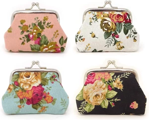 Honbay 4PCS Canvas Floral Rose Flower Coin Purse Kiss Lock Change Purse Vintage - Picture 1 of 12