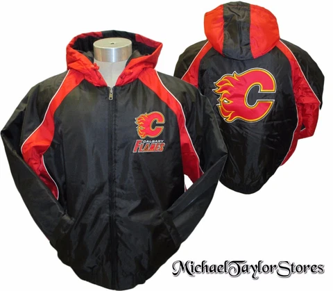 Calgary Flames Men's Full-Zip Hooded Locker Room Winter Jacket NHL Black w/ Red Cover