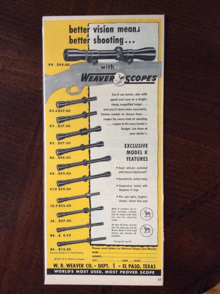 1958 винтажный оригинальный цветной печати объявление Weaver винтовки прицелы  - Изображение 1 из 1