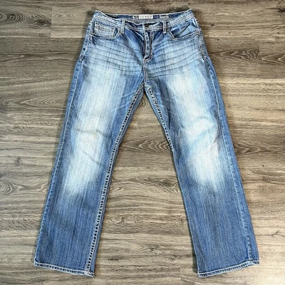 Мужские прямые джинсы BKE с пряжкой Tyler 34Rx32 синяя джинсовая ткань средняя стирка Y2K - Изображение 1 из 4