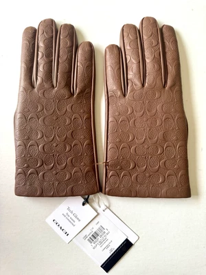 Guantes técnicos Coach Signature de cuero en relieve en silla oscura talla 7,5 Foto 1 de 4