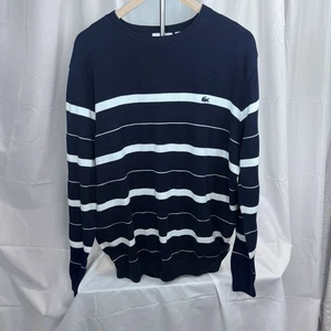 LACOSTE Sweater XXL Navy White Stripe Knit Crewneck Made in France Croc Logo - Picture 1 of 13