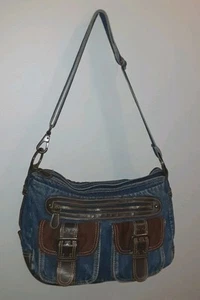 90s Y2K Denim Crossbody Purse Blue Brown Buckle Embellishment Adjustable Jean - Picture 1 of 19