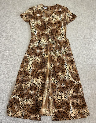 Винтажный Y2K Khaisilk платье большой леопард печать шелк макси лягушка кнопки - Изображение 1 из 4