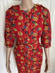 Vintage 80s MS Chaus 8P Red Colorful Nautical Shoulder Epaulets Belted Dress - Picture 1 of 19