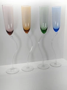 Champagne Glass Flute Tall Curvy Stem Hand Blown Blue, Green, Pink, Amber - Picture 1 of 14