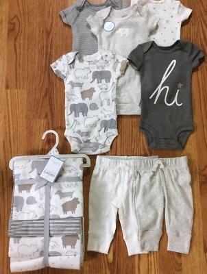 Carters Long Sleeve Uniseex 11 pc Animal print set Ivory Gray Tan Size NEWBORN - Image 1 of 4