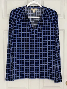 Michael Kors Women’s Size L V-Neck Shirt With Chain Detail Blue & Black Stretch - Picture 1 of 6