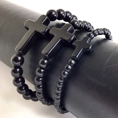 Cross Bracelet Handmade Beaded Howlite Turquoise Bead 7.5" 4mm 6mm 8mm Christian - Image 1 of 4