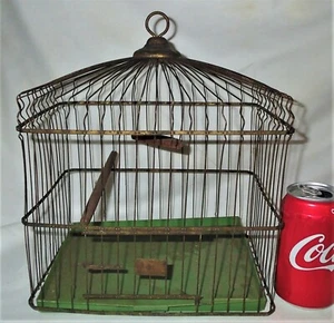 ANTIQUE VINTAGE COUNTRY BIRD WIRE CAGE WOOD PLASTIC BOTTOM BRASS METAL AUDUBON - Picture 1 of 11