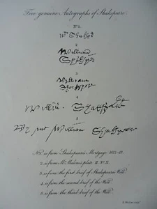c1884 Antique Print FIVE GENUINE AUTOGRAPHS OF SHAKSPEARE - The Royal Shakspere - Picture 1 of 2