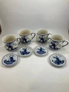 Delft Blue Handpainted 4x Coffee Mugs + 4x Coasters - Windmills, Porcelain - Picture 1 of 17