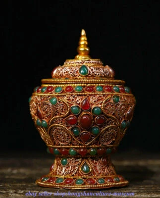 Antiguo templo del bidismo tibetano de 4,6 " alambre de plata incrustación dorada gema jarra de olla  Foto 1 de 4