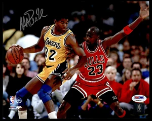 MAGIC JOHNSON SIGNED 8X10 PHOTO WITH MICHAEL JORDAN PICTURED - PSA COA - Picture 1 of 1