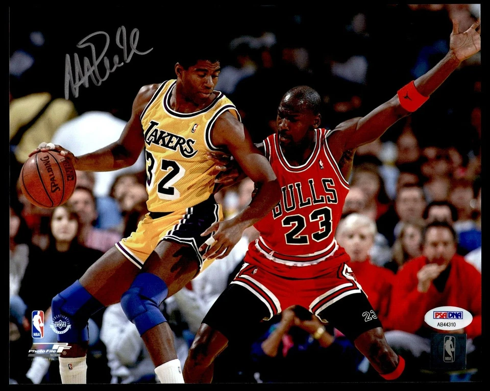 MAGIC JOHNSON SIGNED 8X10 PHOTO WITH MICHAEL JORDAN PICTURED - PSA COA - Image 1 of 1