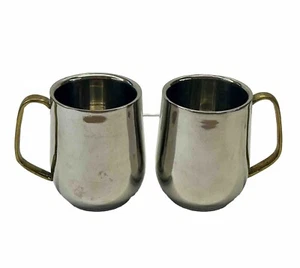 Set of 2 Stainless Steel Large Hollow Wall Coffee Mug Brass Handles - Picture 1 of 5