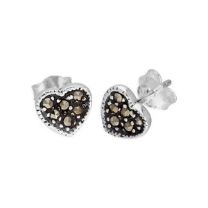 Sterling Silver & Marcasite Heart Stud Earrings - Picture 1 of 8
