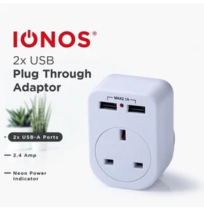 Plug through UK Mains Adaptor with Dual USB Charging Ports 2.4A Max - Zdjęcie 1 z 5