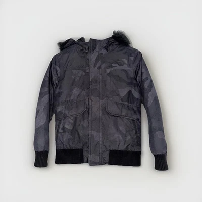 The North Face Kids Puffy Parka M 10/12 黑色灰色微妙迷彩连帽毛皮 — 第 1/4 张图片