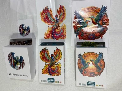 3 Wooden Jigsaw Puzzles, Mandala Hummingbirds,Eagle,Phoenix Unique Brain Teaser - Image 1 of 4