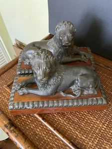 Vintage Brass Metal Lion Bookends Wood base Thedore and Alexander 1999, about 7" - Picture 1 of 13