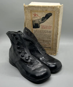 Poll-Parrot 1900’s Childs Black Leather Side Button Shoes In Original Box - Picture 1 of 22