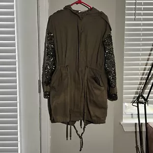 Joie Army Green Utility Parka Coat Sequin Beaded Hooded Jacket Lining Small FLAW - Bild 1 von 16