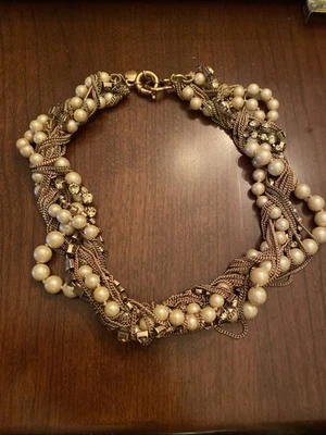 J. Gargantilla trenzada Crew Vintage cadena retorcida collar de perlas tono dorado estrás Foto 1 de 4