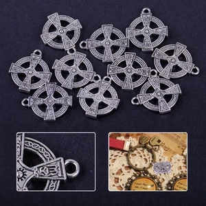 10pcs Antique Silver Tone Round Cross Pendant Necklace Charms Crafts Findings qn - Picture 1 of 2