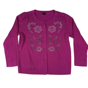 Talbots Sweater Womens 1X Petite Pink Beaded Floral Cardigan Knit Embellished - Picture 1 of 7