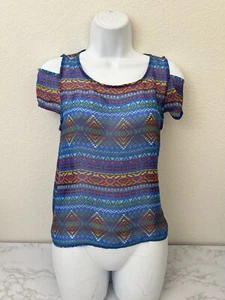 Sally Miller Short Sleeve Cold Shoulder Top Girls XL 14-15 Blouse Geometric F - Picture 1 of 5