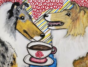 ROUGH COLLIE Drinking Coffee Dog Pop Art Print 8 x 10 Artist KSAMS Collectible
