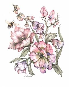 Original watercolor painting, signed. 8x10 beautiful Botanical & Bee. DblMatted
