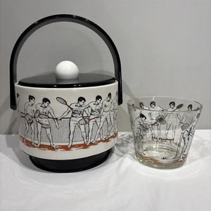 MCM Cera Tennis Theme Ice Bucket w/ Lid + Open Ice bucket/Snack Bowl 2pc. Set - Picture 1 of 16