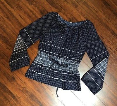 Túnica de Colección Años 70-80 BoHo Hippie CHIC Azul Blanco Quimise Corbata Brazo Ancho Top S/M Foto 1 de 4