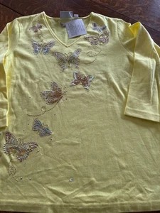 Quacker Factory XL gelb Insekt Schmetterlinge Perlen Pailletten Bluse Shirt Top - Bild 1 von 7
