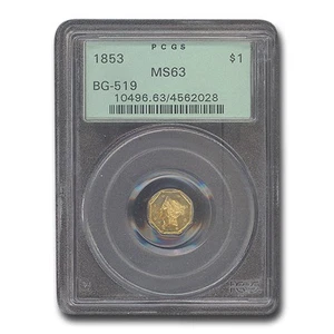 1853 Liberty Octagonal One Dollar Gold MS-63 PCGS (BG-519) - Picture 1 of 3
