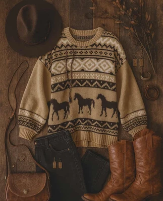 Suéter L Nuevo Caballo Azteca Nativo Occidental Tejido Suave De Gran Tamaño Para Mujer Grande Foto 1 de 4