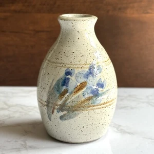 VTG Studio Art Pottery Signed Vase Blue Brown Floral Stripe Speckled Hand Thrown - Picture 1 of 8
