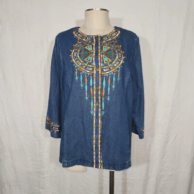 BOB MACKIE Talla L Usable Arte Mujer Denim Suroeste Atrapasueños Camisa Chaqueta Foto 1 de 4
