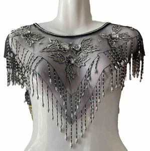 Vintage Beaded Sequins Art Deco Style Flapper Collar Shoulder Shawl Black Silver - Picture 1 of 7