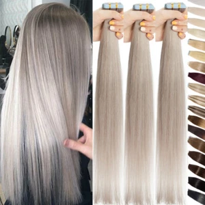 Tape in Russian 100% Remy Human Hair Extensions Thick Full Head #Grey CLEARANCE - Picture 1 of 56