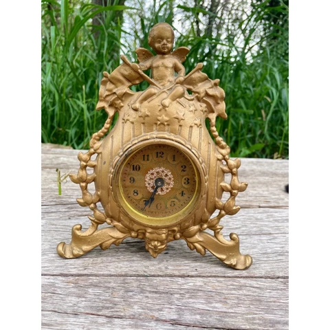 Antique Mechanical Clock Cherub Green Man Cast Iron Gilt Gold Running Cover