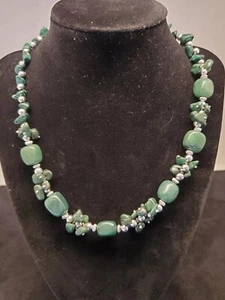 Unique Green-Blue Glass Beaded Necklace w/Silver Tone - Picture 1 of 9
