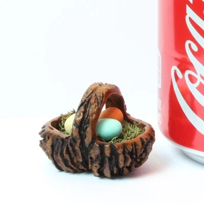 Hand Carved Black Walnut Shell EASTER BASKET w/3 Eggs - Tiny Dollhouse Miniature - Image 1 of 3