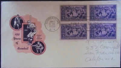 US, 1939 BASEBALL CENTENNIAL FDC, IOOR CACHET, SCOTT #855, COOPERSTOWN, NEW YORK - Image 1 of 4